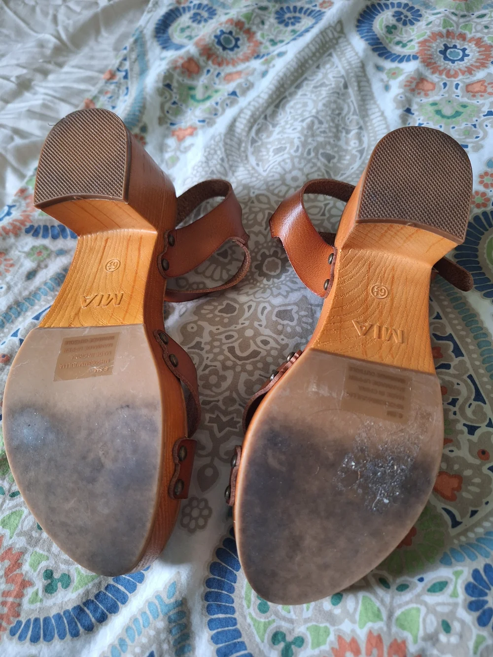 MIA Tan Brown Wood-Style Block Heel Platform Sandals 6.5